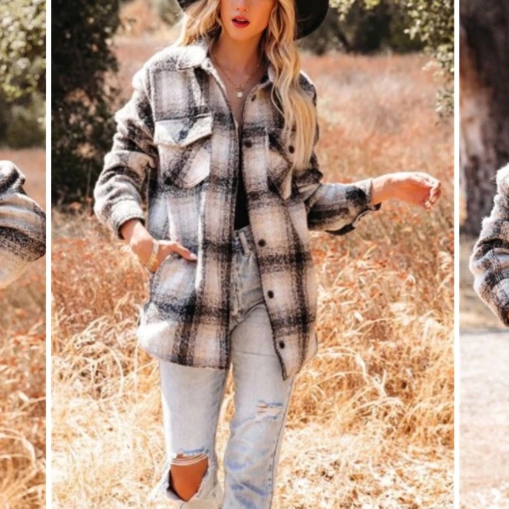 Carly Jean Los Angeles Plaid Cream Black Jacket Large
